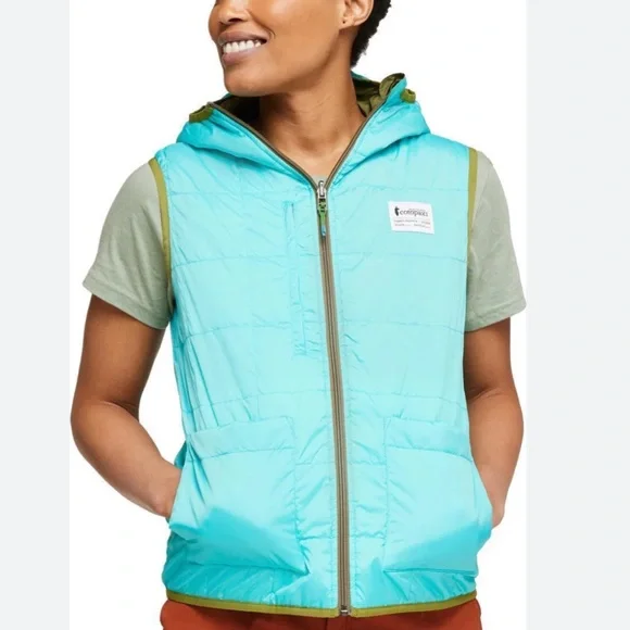 Cotopaxi Women's Green and Blue Hooded Vest -Reversible - Picture 2 of 9